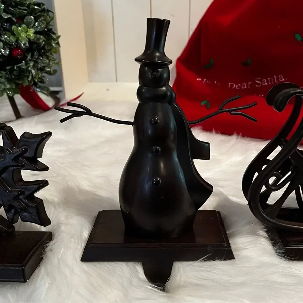 NEW Pottery Barn Bronze Snowman Snowflake Christmas Holiday Stocking Holders